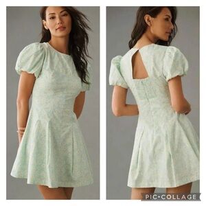 Maeve by Anthropologie Puff-Sleeve Pleated Dress in Mint NWT size medium